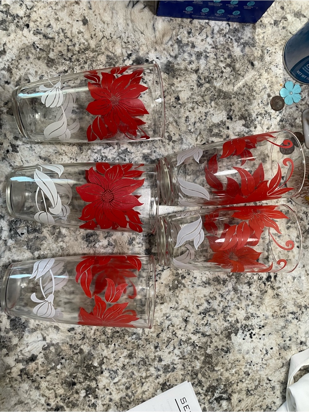 Vintage Red Floral Printed Drinking Glasses - Set of 5